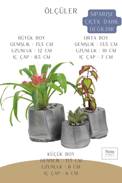 Stein Kohle Çiçek Saksısı Büyük Boy 3 Adet Gümüş Renk Eskitme Uygulamalı Kalın Çizgi Model - Resim 2