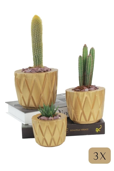 Stein Kohle Çiçek Saksısı Büyük Boy 3 Adet Altın Renk Uygulamalı Baklava Model ürün görseli 1