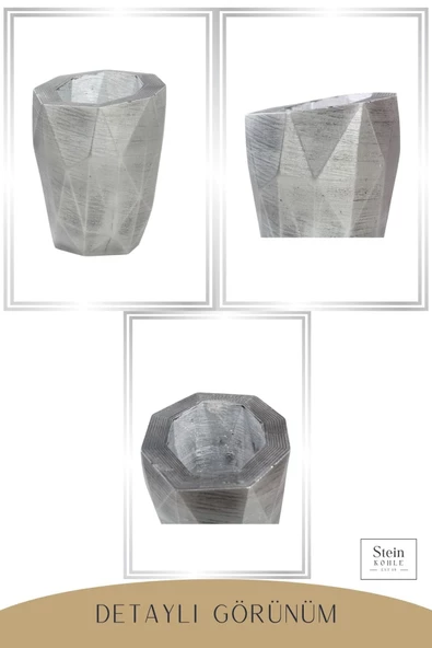 Stein Kohle Çiçek Saksısı Büyük Boy 1 Adet Gümüş Renk Eskitme Uygulamalı Uzun Poly Model - Resim 6