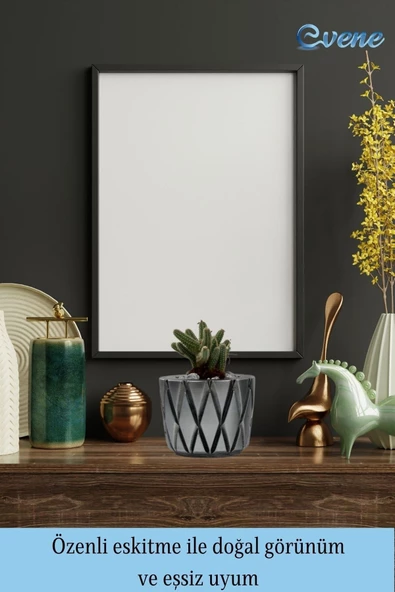 Evene Ahşap Ayaklı Beton Saksı Büyük Boy Set 3 Adet Gümüş Varak Boyalı Eskitmeli Baklava Model - Resim 8