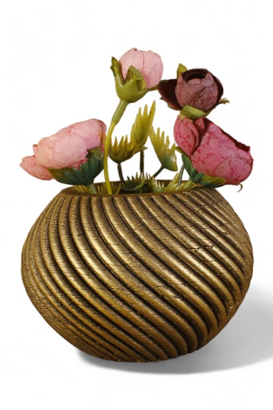 Evene Mini Çiçek Saksı Küçük Sukulent Altın Eskitme Kaktüs Saksısı Ince Çizgili Spiral Model ürün görseli 1