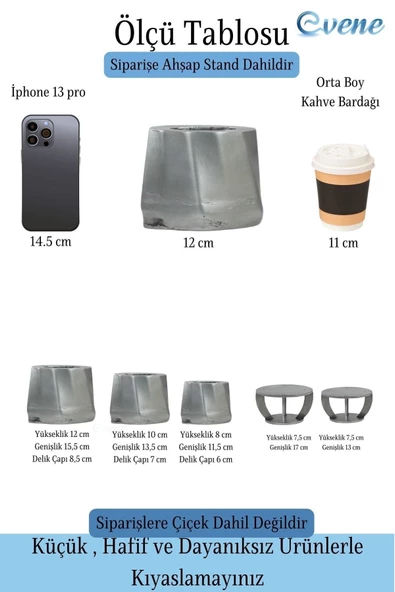 Evene Ahşap Ayaklı Beton Saksı Büyük Boy Set 3 Adet Gümüş Varak Boyalı Eskitmeli Kalın Çizgili Model - Resim 2