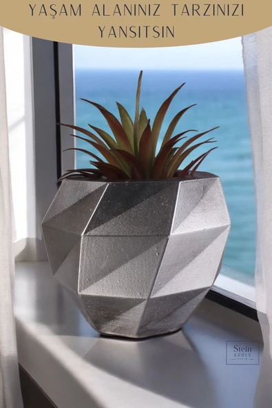 Stein Kohle Çiçek Saksısı Dekoratif Kaktüs Saksı 1 Adet Gümüş Eskitme Renk Uygulamalı Dönen Poly Model - Resim 5