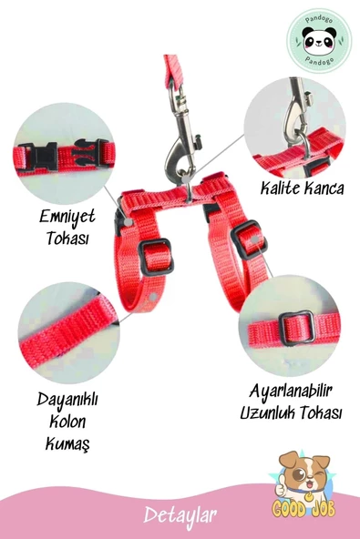 Pandogo Kedi Köpek Tasması Ayarlanabilir Bedenli Kaçış Önleyici Tasarım Sevk Kayışlı Dubai Model Kırmızı - Resim 2
