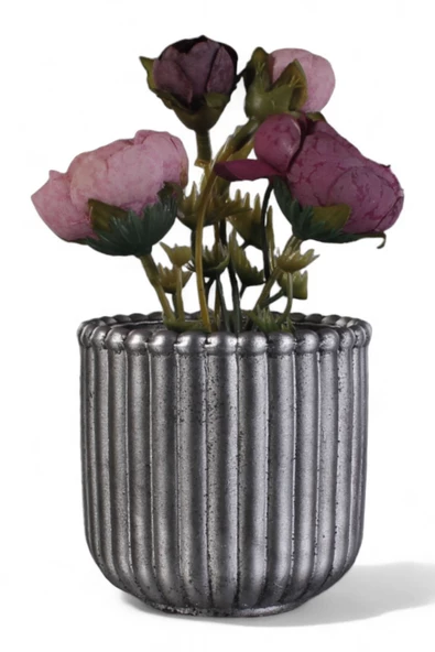 Evene Mini Çiçek Saksı Küçük Sukulent Gümüş Eskitme Kaktüs Saksısı Vintage Düz Çizgili Model ürün görseli 1