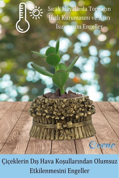 Evene Mini Çiçek Saksı Küçük Sukulent Altın Eskitme Kaktüs Saksısı Çiçekli Fiyonklu Model - Resim 4