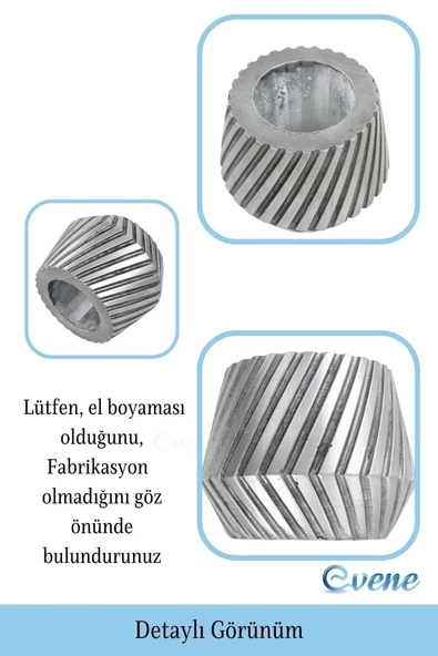 Evene Saksı Çiçek Kaktüs Saksısı Lüx 15 Cm Gümüş Eskitme Varak Mekanik Dişli Desen Saksı 2li Set Çiçeklik - Resim 3