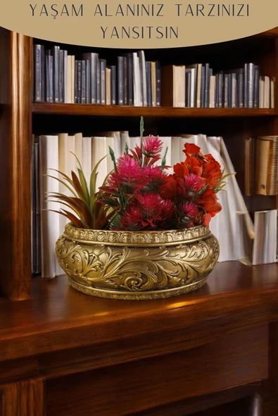 Stein Kohle Çiçek Saksısı Dekoratif Kaktüs Saksı 1 Adet Altın Eskitme Renk Uygulamalı Model 5 - Resim 4