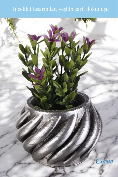 Evene Mini Çiçek Saksı Küçük Sukulent Gümüş Eskitme Kaktüs Saksısı Kalın Çizgili Spiral Model - 5
