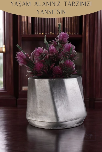 Stein Kohle Çiçek Saksısı Büyük Boy 1 Adet Gümüş Eskitme Renk Uygulamalı Kalın Çizgili Model - Resim 4