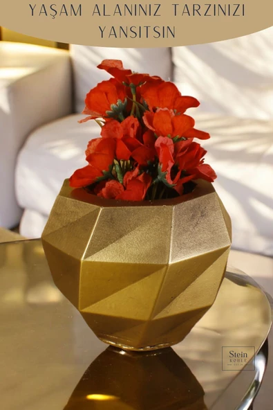 Stein Kohle Çiçek Saksısı Dekoratif Kaktüs Saksı 1 Adet Altın Eskitme Renk Uygulamalı Dönen Poly Model - Resim 3