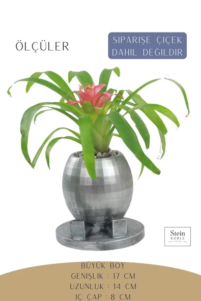 Stein Kohle Çiçek Saksısı Büyük Boy 1 Adet Gümüş Renk Eskitme Uygulamalı Ayaklı Yuvarlak Model - Resim 2