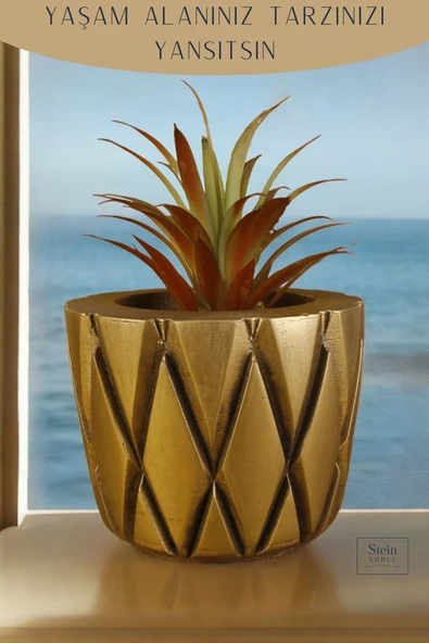 Stein Kohle Çiçek Saksısı Dekoratif Kaktüs Saksı 1 Adet Altın Eskitme Renk Uygulamalı Baklava Model - Resim 5