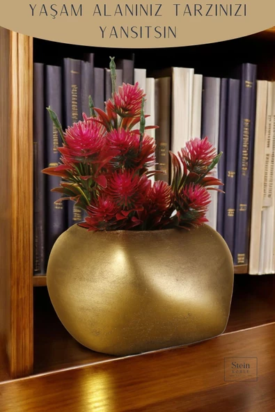 Stein Kohle Çiçek Saksısı Dekoratif Kaktüs Saksı 1 Adet Altın Renk Eskitme Uygulamalı Spiral Oval Model - Resim 4