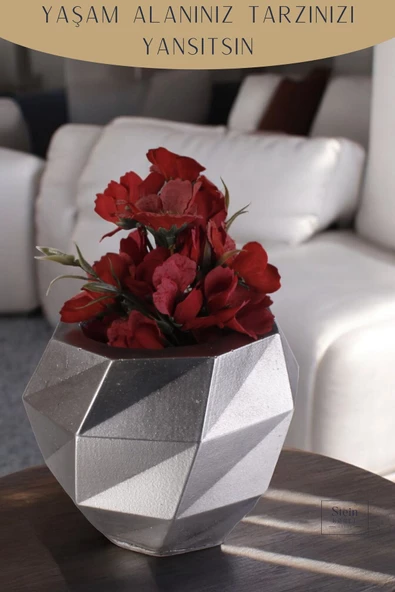 Stein Kohle Çiçek Saksısı Dekoratif Kaktüs Saksı 1 Adet Gümüş Eskitme Renk Uygulamalı Dönen Poly Model - Resim 3