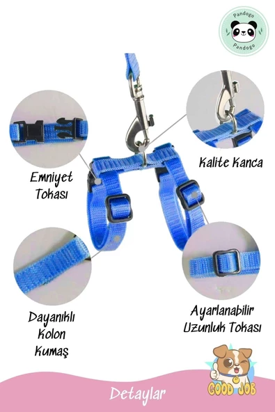 Pandogo Kedi Gezdirme Tasması Sevk Kayışlı Mavi - Resim 2