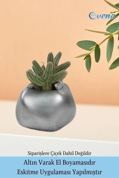 Evene Saksı Çiçek Kaktüs Saksısı Lüx 14 Cm Gümüş Eskitme Varak Boyalı Elips Desenli 3'lü Set Çiçeklik - 5