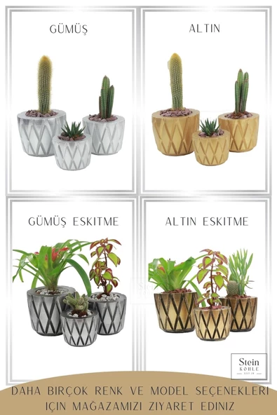 Stein Kohle Çiçek Saksısı Büyük Boy 1 Adet Gümüş Renk Uygulamalı Baklava Model - Resim 5