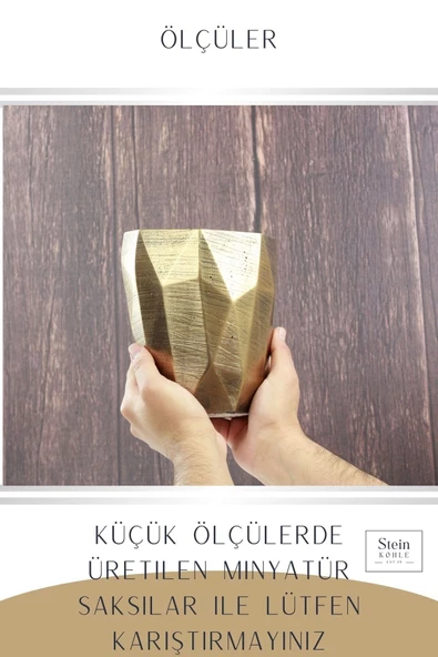 Stein Kohle Çiçek Saksısı Büyük Boy 1 Adet Altın Renk Eskitme Uygulamalı Uzun Poly Model - Resim 3