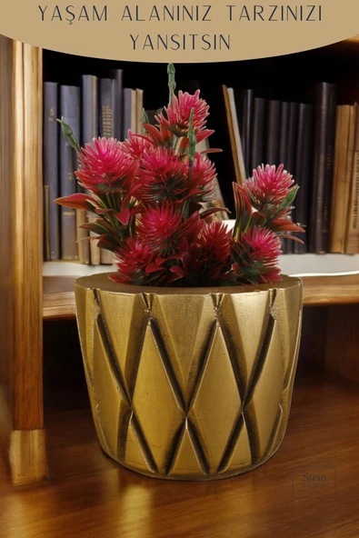 Stein Kohle Çiçek Saksısı Dekoratif Kaktüs Saksı 1 Adet Altın Eskitme Renk Uygulamalı Baklava Model - Resim 4