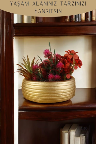 Stein Kohle Çiçek Saksısı Dekoratif Kaktüs Saksı 1 Adet Altın Renk Uygulamalı Model 4 - Resim 4