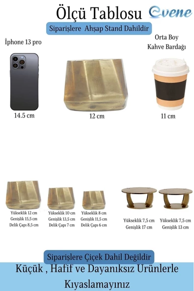 Evene Ahşap Ayaklı Beton Saksı Büyük Boy Set 3 Adet Altın Varak Boyalı Eskitmeli Kalın Çizgili Model - Resim 2