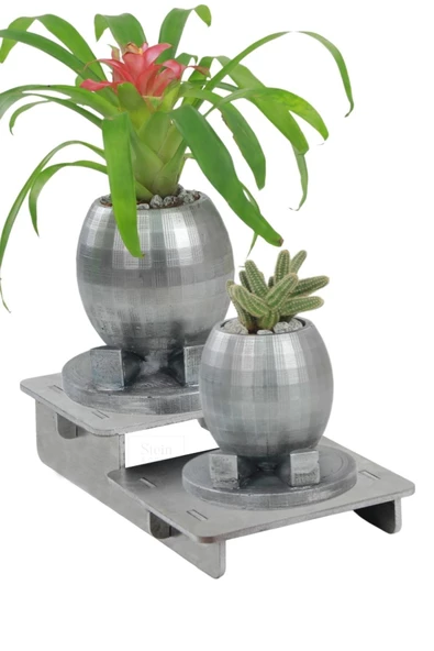 Stein Kohle Ayaklı Saksı Ahşap Büyük Boy 2 Adet Gümüş Renk Eskitme Uygulamalı Ayaklı Yuvarlak Model ürün görseli 1