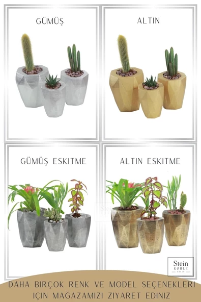 Stein Kohle Çiçek Saksısı Büyük Boy 3 Adet Altın Renk Uygulamalı Uzun Poly Model - Resim 5