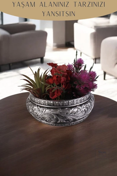 Stein Kohle Çiçek Saksısı Dekoratif Kaktüs Saksı 1 Adet Gümüş Eskitme Renk Uygulamalı Model 5 - Resim 3