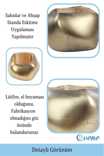 Evene Ahşap Ayaklı Beton Saksı Büyük Boy Set 3 Adet Altın Varak Boyalı Eskitmeli Spiral Oval Model - Resim 3