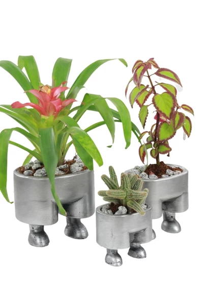 Evene Saksı Çiçek Kaktüs Saksısı Lüx 13 Cm Gümüş Eskitme Varak Boyalı Pantolon Desenli 3'lü Set Çiçeklik