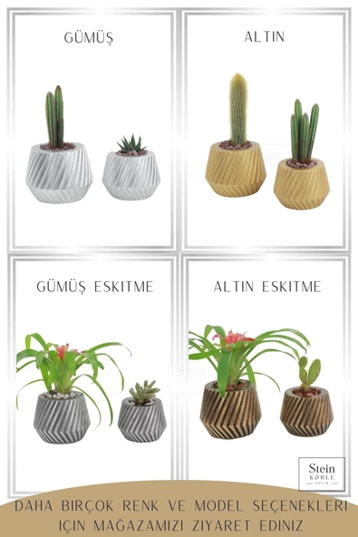 Stein Kohle Çiçek Saksısı Büyük Boy 2 Adet Altın Renk Uygulamalı Dişli Model - Resim 5