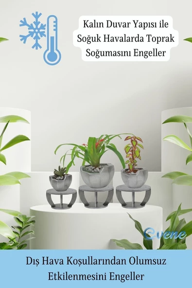 Evene Ahşap Ayaklı Beton Saksı Büyük Boy Set 3 Adet Gümüş Varak Boyalı Eskitmeli Önü Açık Model - Resim 7