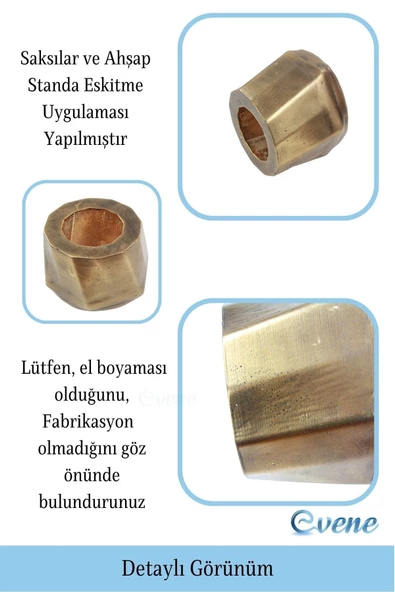 Evene Ahşap Ayaklı Beton Saksı Büyük Boy Set 3 Adet Altın Varak Boyalı Eskitmeli Kalın Çizgili Model - Resim 3