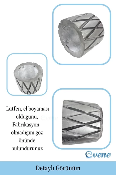 Evene Saksı Çiçek Kaktüs Saksısı Lüx 15 Cm Gümüş Eskitme Varak Boyalı Baklava Desenli 3'lü Set Çiçeklik - Resim 3