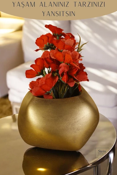 Stein Kohle Çiçek Saksısı Dekoratif Kaktüs Saksı 1 Adet Altın Renk Eskitme Uygulamalı Spiral Oval Model - Resim 3