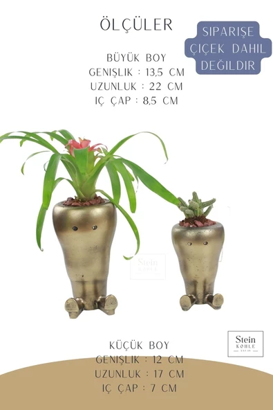 Stein Kohle Çiçek Saksısı Büyük Boy 2 Adet Altın Renk Eskitme Uygulamalı Havuç Model - 2