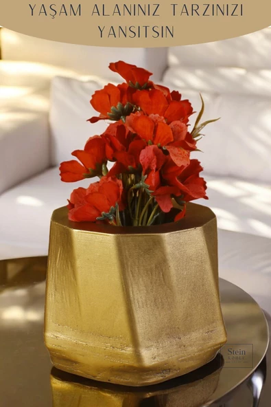 Stein Kohle Çiçek Saksısı Büyük Boy 1 Adet Altın Eskitme Renk Uygulamalı Kalın Çizgili Model - Resim 3