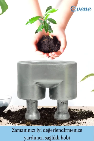 Evene Ahşap Ayaklı Beton Saksı Büyük Boy Set 3 Adet Gümüş Varak Boyalı Eskitmeli Pantolon Model - 4