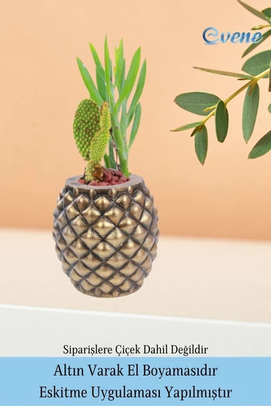 Evene Saksı Çiçek Kaktüs Saksısı Lüx 15 Cm Altın Eskitme Varak Boyalı Ananas Desenli 2'li Set Çiçeklik - 5