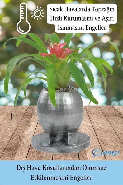 Evene Saksı Çiçek Kaktüs Saksısı Lüx 17 Cm Gümüş Eskitme Varak Boyalı Yuvarlak Ayaklı Saksı 2'li Çiçeklik - Resim 6