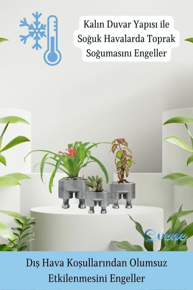 Evene Saksı Çiçek Kaktüs Saksısı Lüx 13 Cm Gümüş Eskitme Varak Boyalı Pantolon Desenli 3'lü Set Çiçeklik - 7