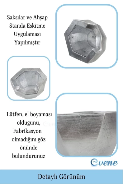 Evene Ahşap Ayaklı Beton Saksı Büyük Boy Set 3 Adet Gümüş Varak Boyalı Eskitmeli Önü Açık Model - Resim 3