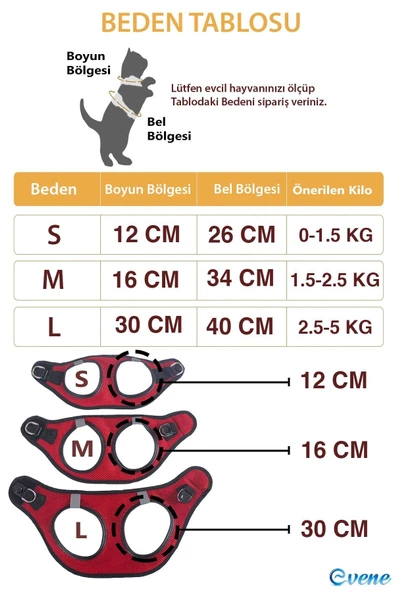 Evene Kedi Tasması Kayışlı Gezdirme Boyun Göğüs Tasması Reflektörlü Fileli Dayanıklı M Beden Kırmızı Renk - Resim 3