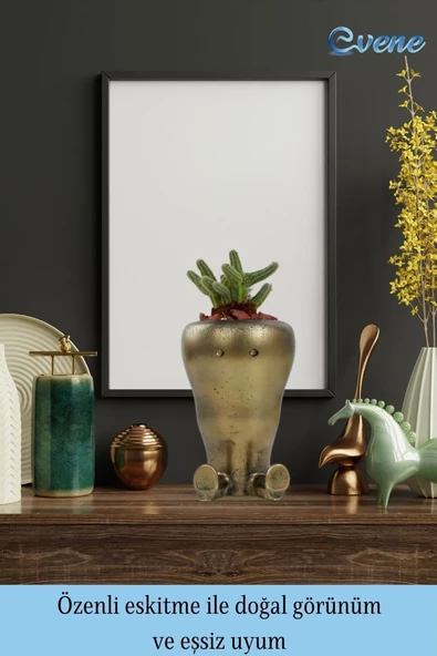 Evene Saksı Çiçek Kaktüs Saksısı Lüx 13,5 Cm Altın Eskitme Varak Boyalı Havuç Desenli 2'li Set Çiçeklik - 8