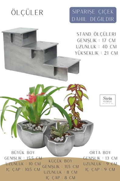 Stein Kohle Ayaklı Saksı Ahşap Büyük Boy 3 Adet Gümüş Renk Eskitme Uygulamalı Önü Açık Model - Resim 2