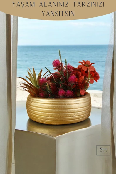 Stein Kohle Çiçek Saksısı Dekoratif Kaktüs Saksı 1 Adet Altın Renk Uygulamalı Model 4 - Resim 5