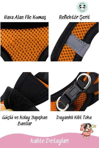Pandogo Kedi Köpek Tasması Reflektörlü Fileli Hava Alan Kumaş Sevk Kayışlı Kedi Gezdirme Tasması Turuncu S - Resim 4