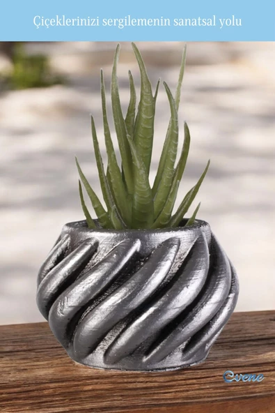 Evene Mini Çiçek Saksı Küçük Sukulent Gümüş Eskitme Kaktüs Saksısı Kalın Çizgili Spiral Model - 3