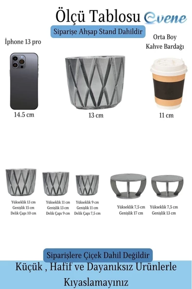 Evene Ahşap Ayaklı Beton Saksı Büyük Boy Set 3 Adet Gümüş Varak Boyalı Eskitmeli Baklava Model - Resim 2